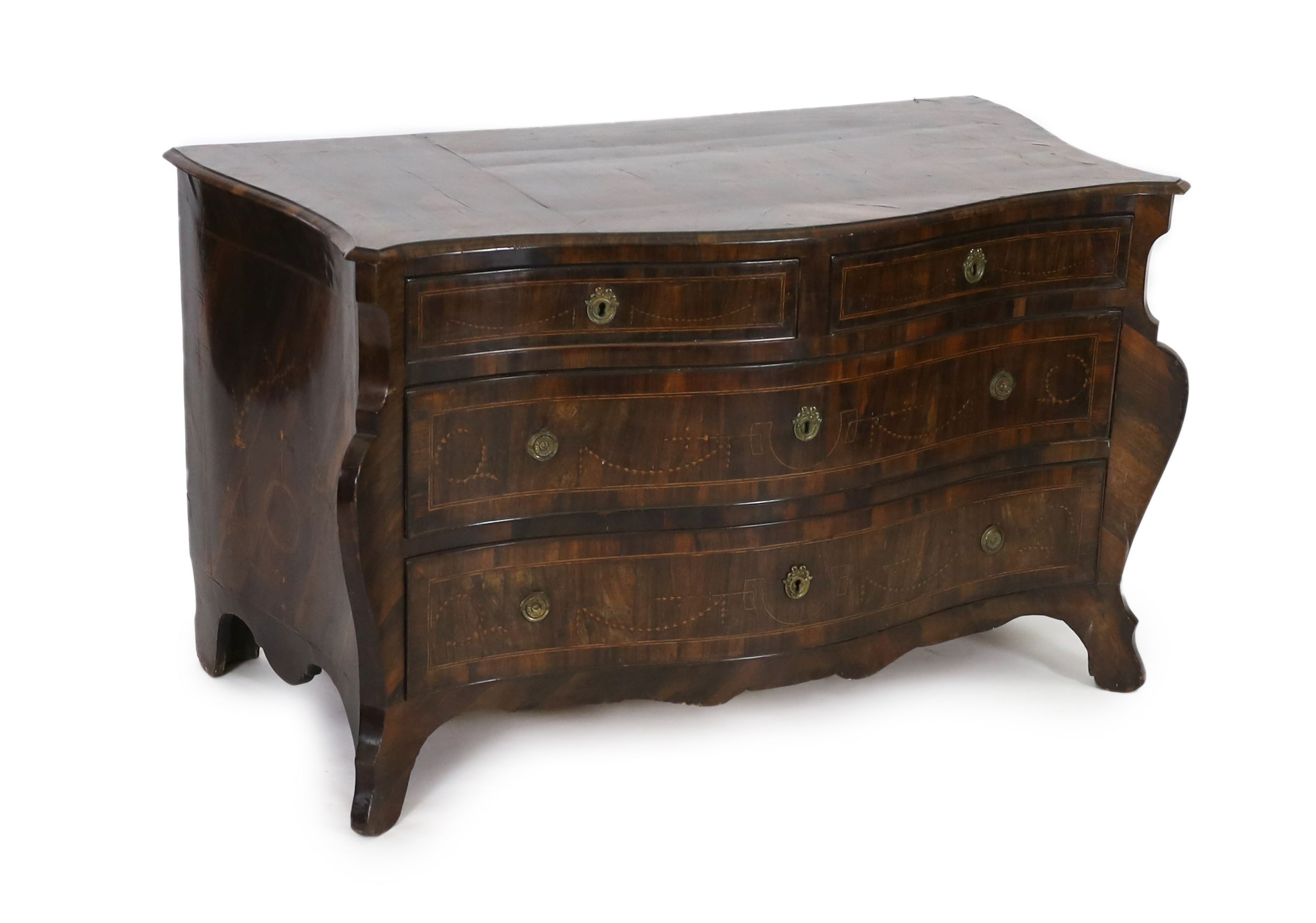 An 18th century North Italian marquetry inlaid kingwood serpentine commode, W.140cm D.67cm H.82cm